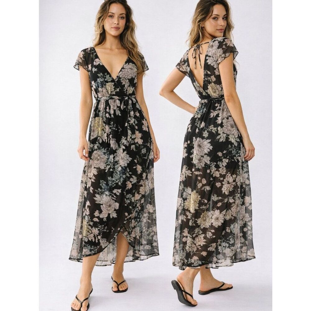 Band of Gypsies Floral Maxi Dress Black Double V Neck Back Tie Flowy Praire - S